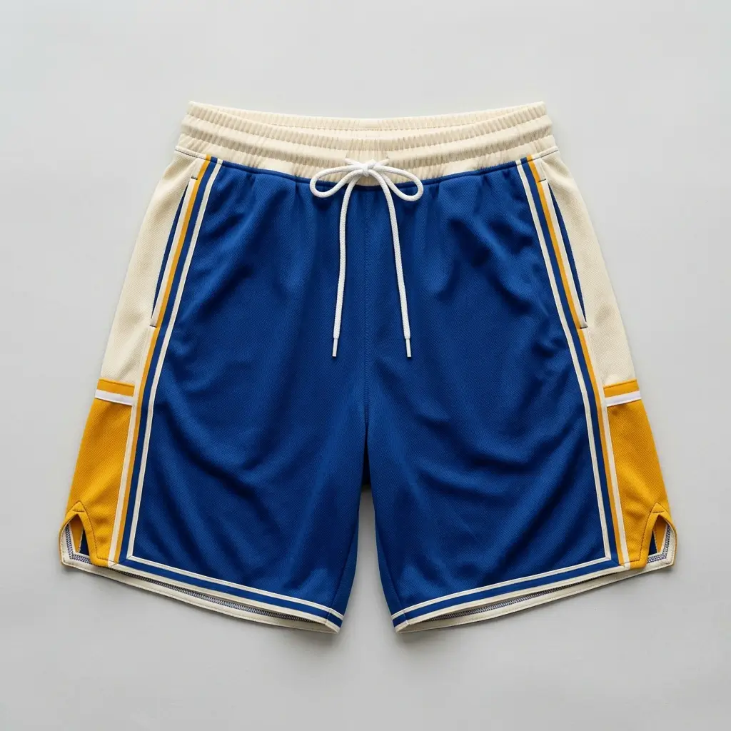 Custom blue, cream, yellow retro throwback basketball shorts front.