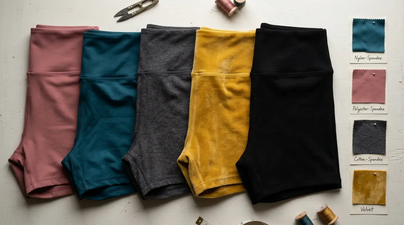 Custom booty shorts on a table with fabric swatches.