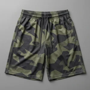 Custom camo basketball shorts front.