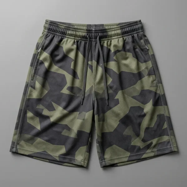 Custom camo basketball shorts front.