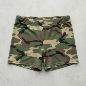 Front view of custom camo booty shorts.