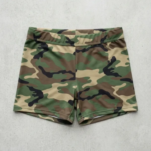Front view of custom camo booty shorts.