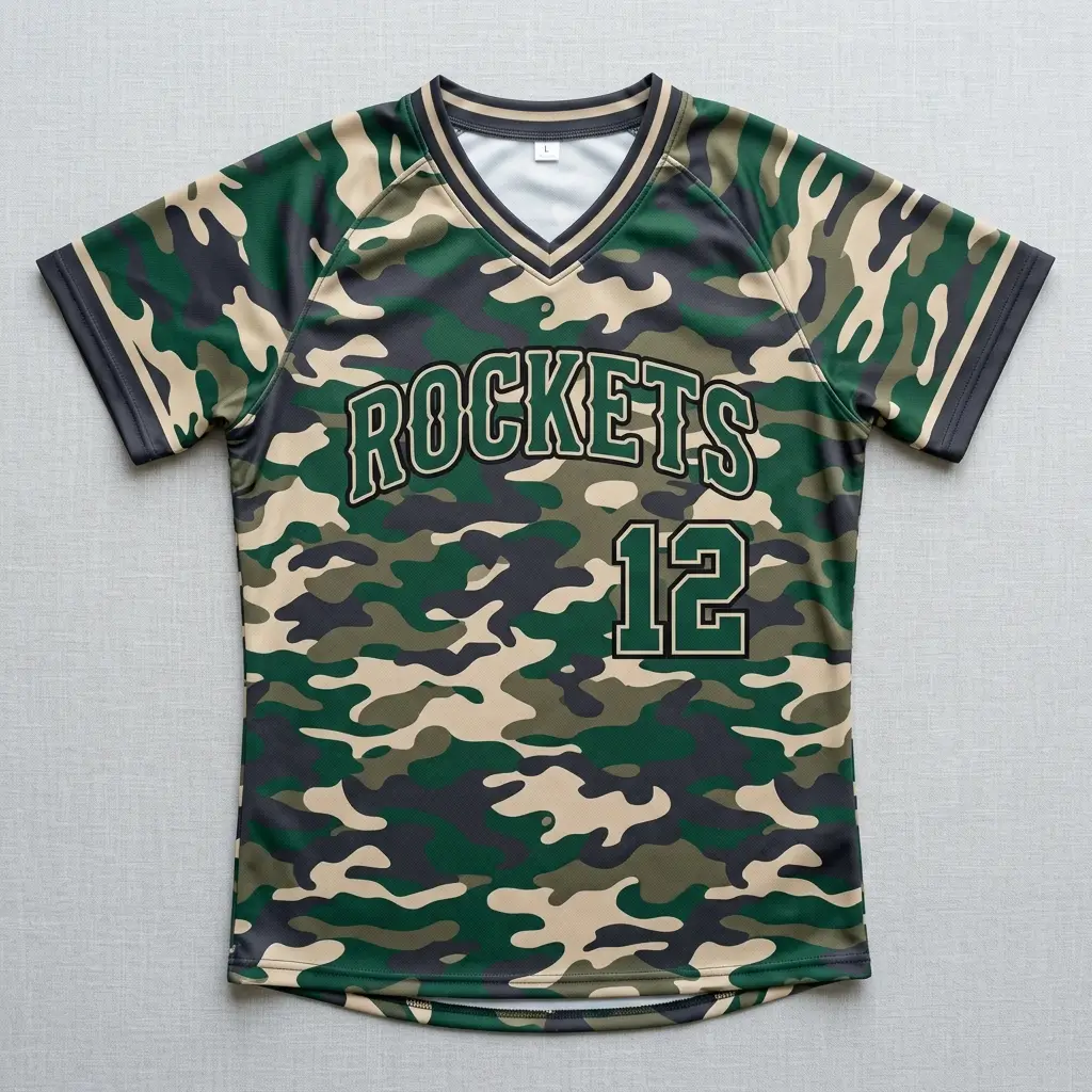 Custom camo slowpitch softball jersey front.