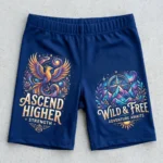Front view of custom DTF printed booty shorts.