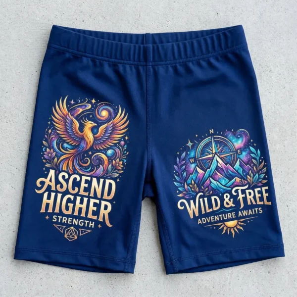 Front view of custom DTF printed booty shorts.