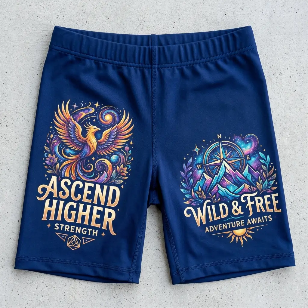 Front view of custom DTF printed booty shorts.