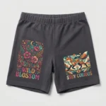 Front view of custom DTG printed booty shorts.