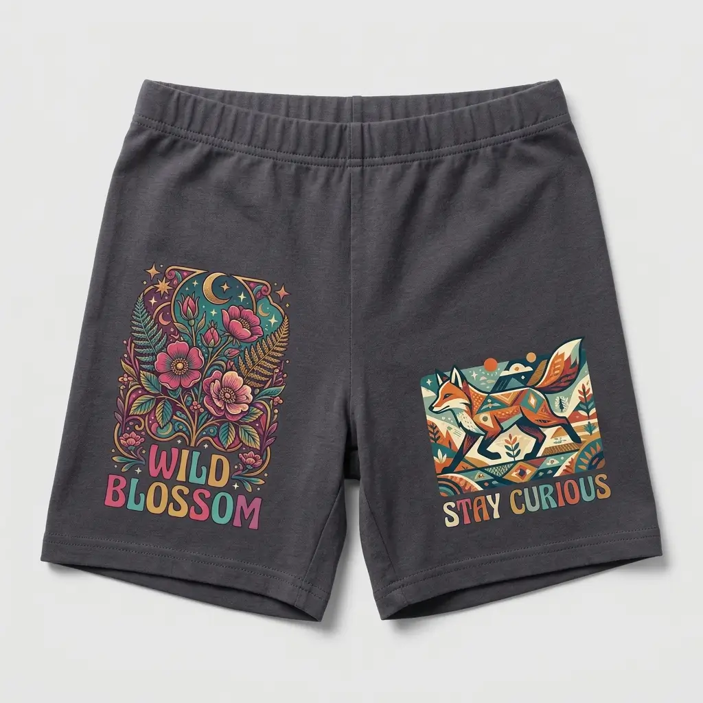 Front view of custom DTG printed booty shorts.