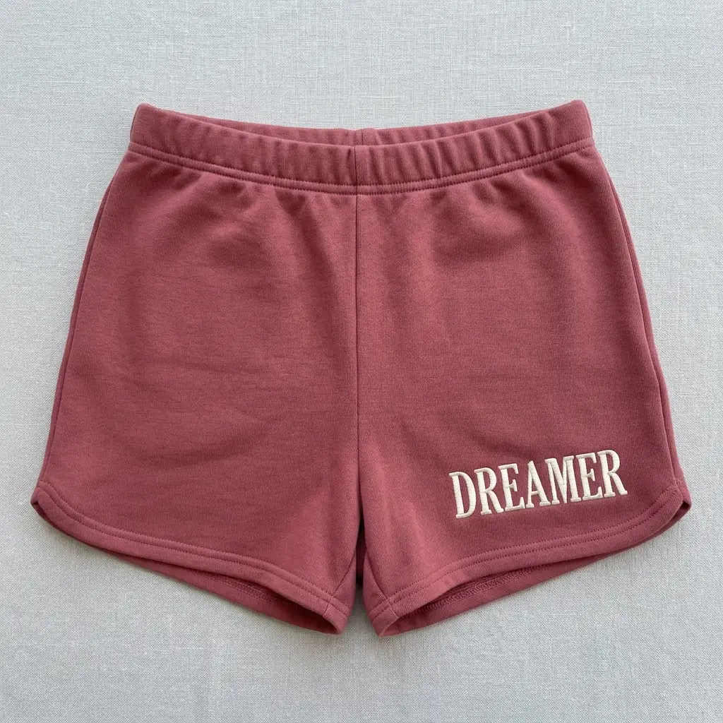 Front view of custom embroidered booty shorts in pink color with text embroidered on it.
