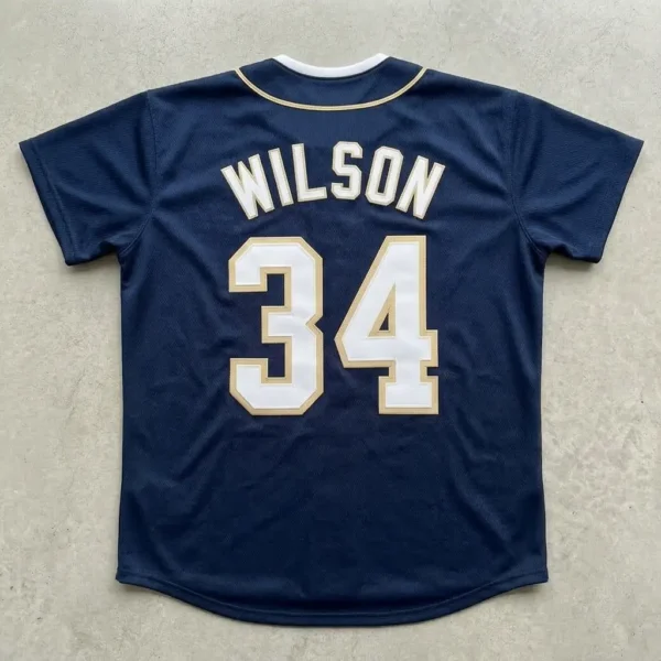 Custom embroidered full button slowpitch softball jersey back.