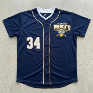 Custom embroidered full button slowpitch softball jersey front.