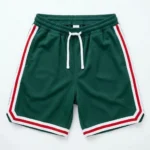 Custom green retro varsity basketball shorts front.