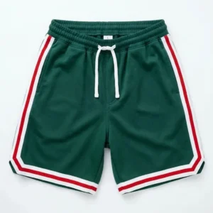 Custom green retro varsity basketball shorts front.