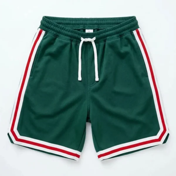 Custom green retro varsity basketball shorts front.