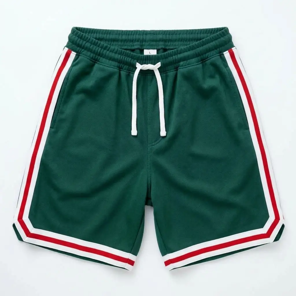 Custom green retro varsity basketball shorts front.