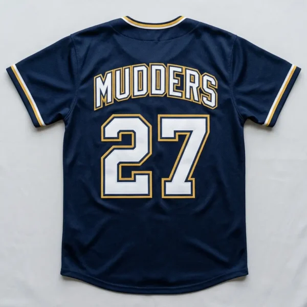 Custom navy two button tackle twill slowpitch softball jersey back.