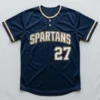 Custom navy two button tackle twill slowpitch softball jersey front.