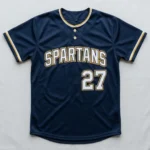 Custom navy two button tackle twill slowpitch softball jersey front.