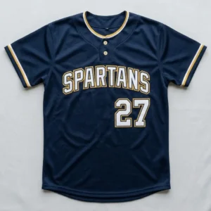 Custom navy two button tackle twill slowpitch softball jersey front.