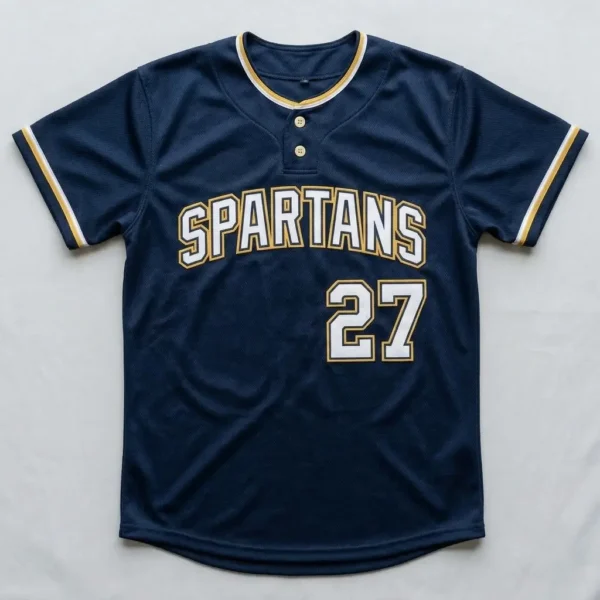 Custom navy two button tackle twill slowpitch softball jersey front.