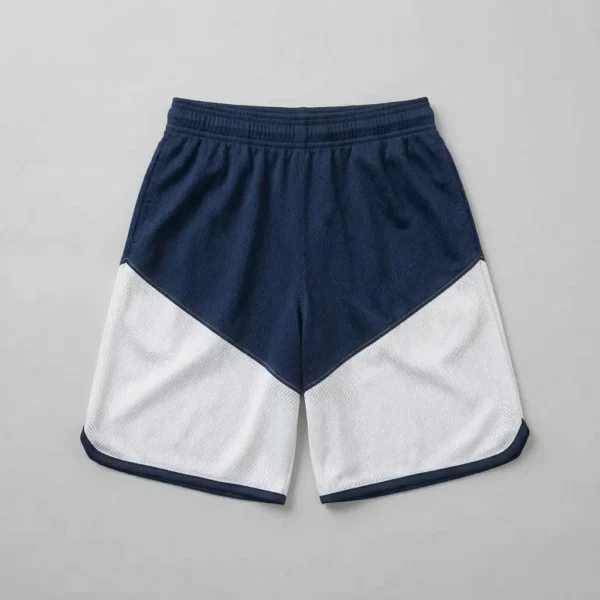 Custom navy and white two-tone basketball shorts back.