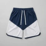 Custom navy and white two-tone basketball shorts front.