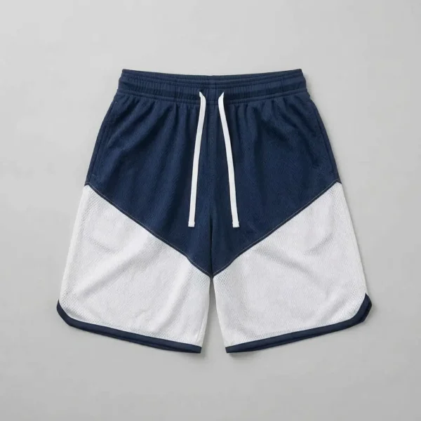 Custom navy and white two-tone basketball shorts front.
