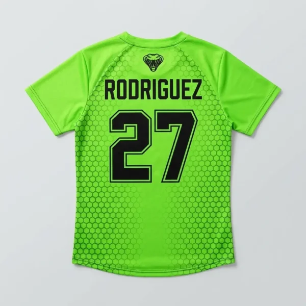 Custom neon green black slowpitch softball jersey back.