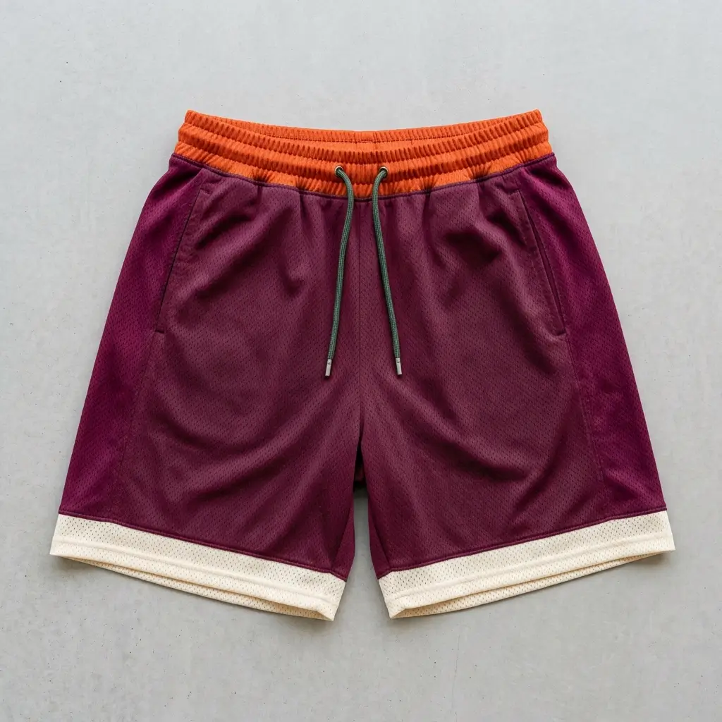 Custom orange, maroon, and cream color block basketball shorts front.