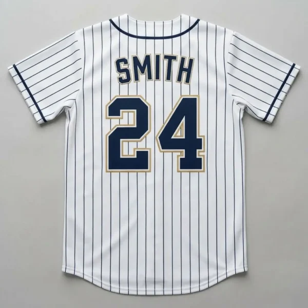 Custom pinstripe full button slowpitch softball jersey back.