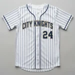 Custom pinstripe full button slowpitch softball jersey front.