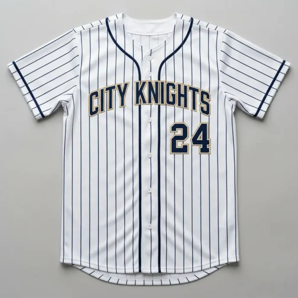 Custom pinstripe full button slowpitch softball jersey front.