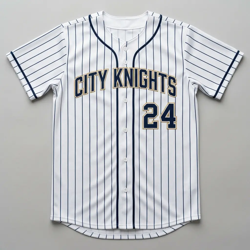 Custom pinstripe full button slowpitch softball jersey front.