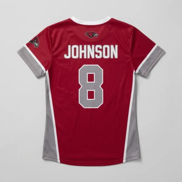 Custom red and gray slowpitch softball jersey back.