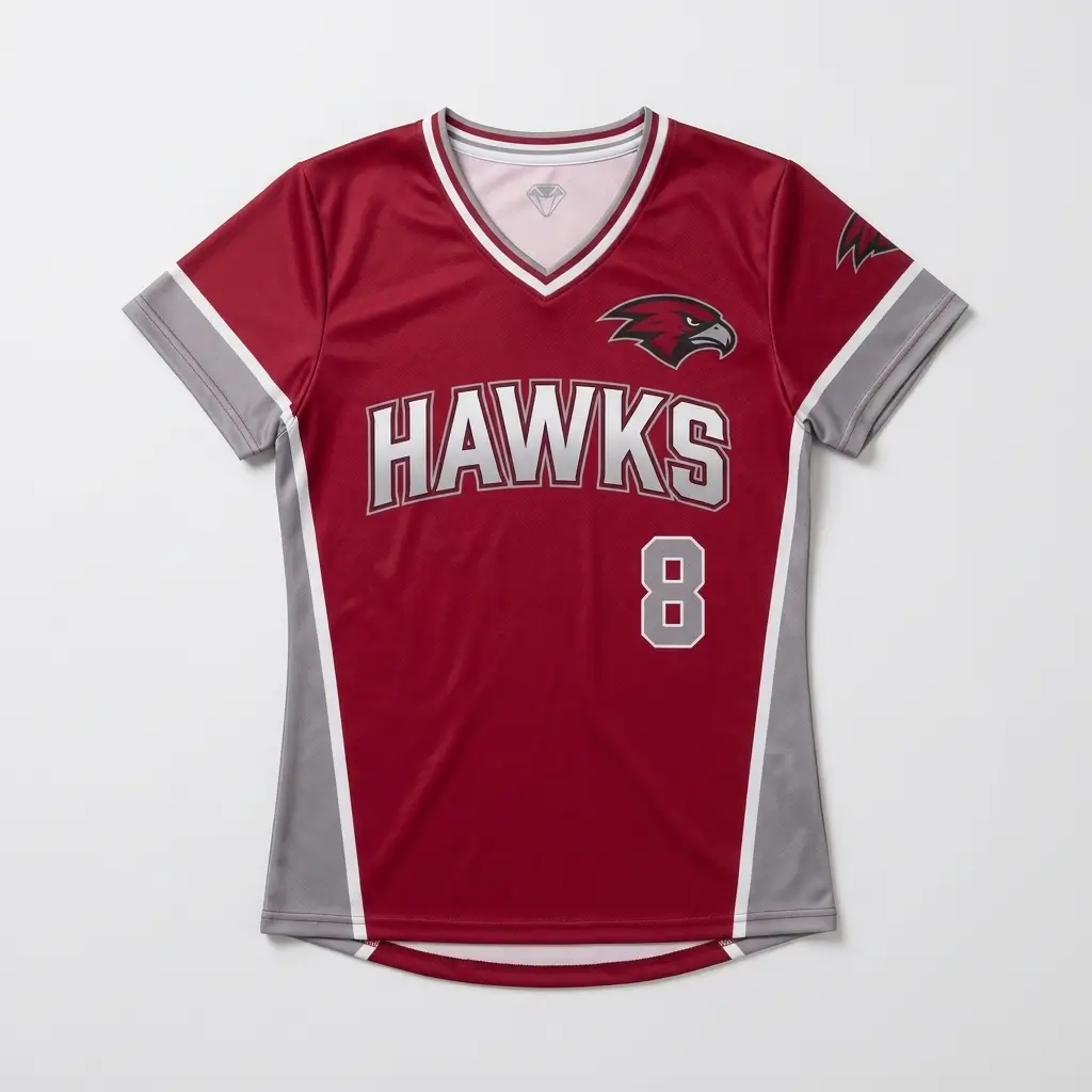 Custom red and gray slowpitch softball jersey front.