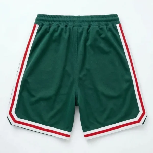 Custom green retro varsity basketball shorts back.