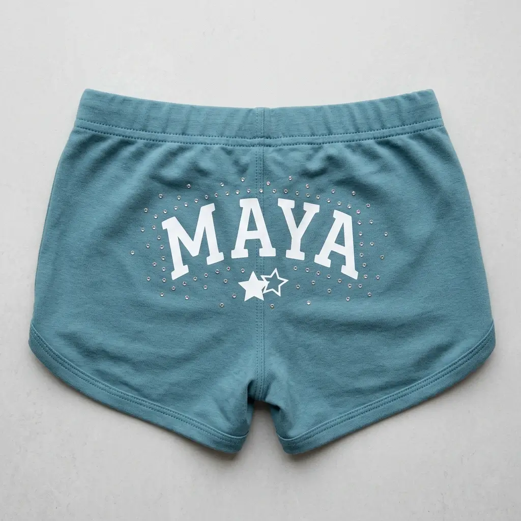 Light teal custom rhinestone booty shorts back with screen printed text and rhinestones around it.