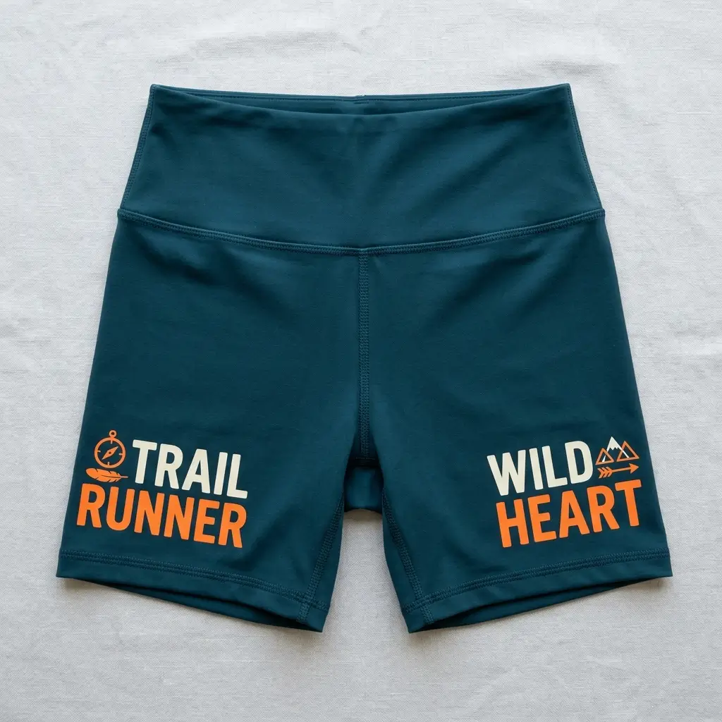 Front view of spandex custom screen-printed booty shorts.
