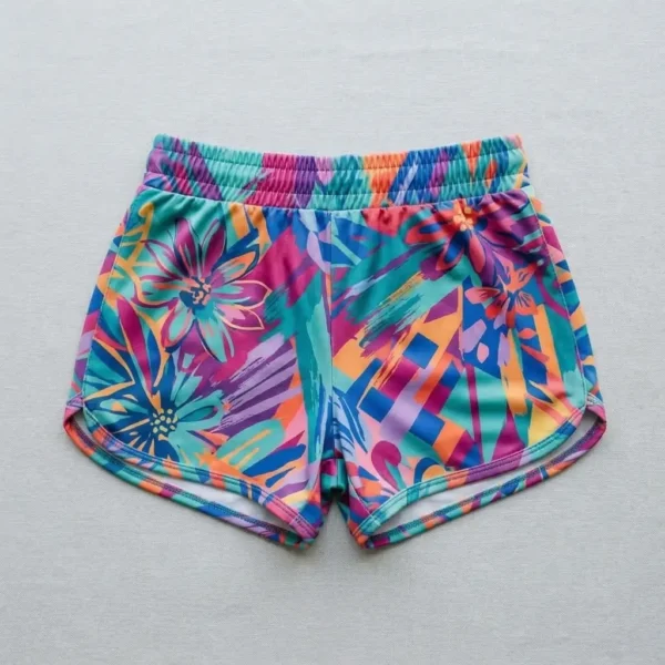 Back view of custom sublimated booty shorts with all-over abstract floral pattern printed.