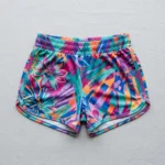 Front view of custom sublimated booty shorts with all-over abstract floral pattern printed.