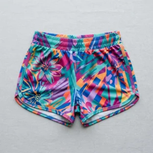 Front view of custom sublimated booty shorts with all-over abstract floral pattern printed.