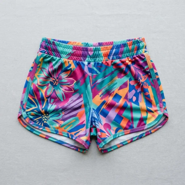 Front view of custom sublimated booty shorts with all-over abstract floral pattern printed.