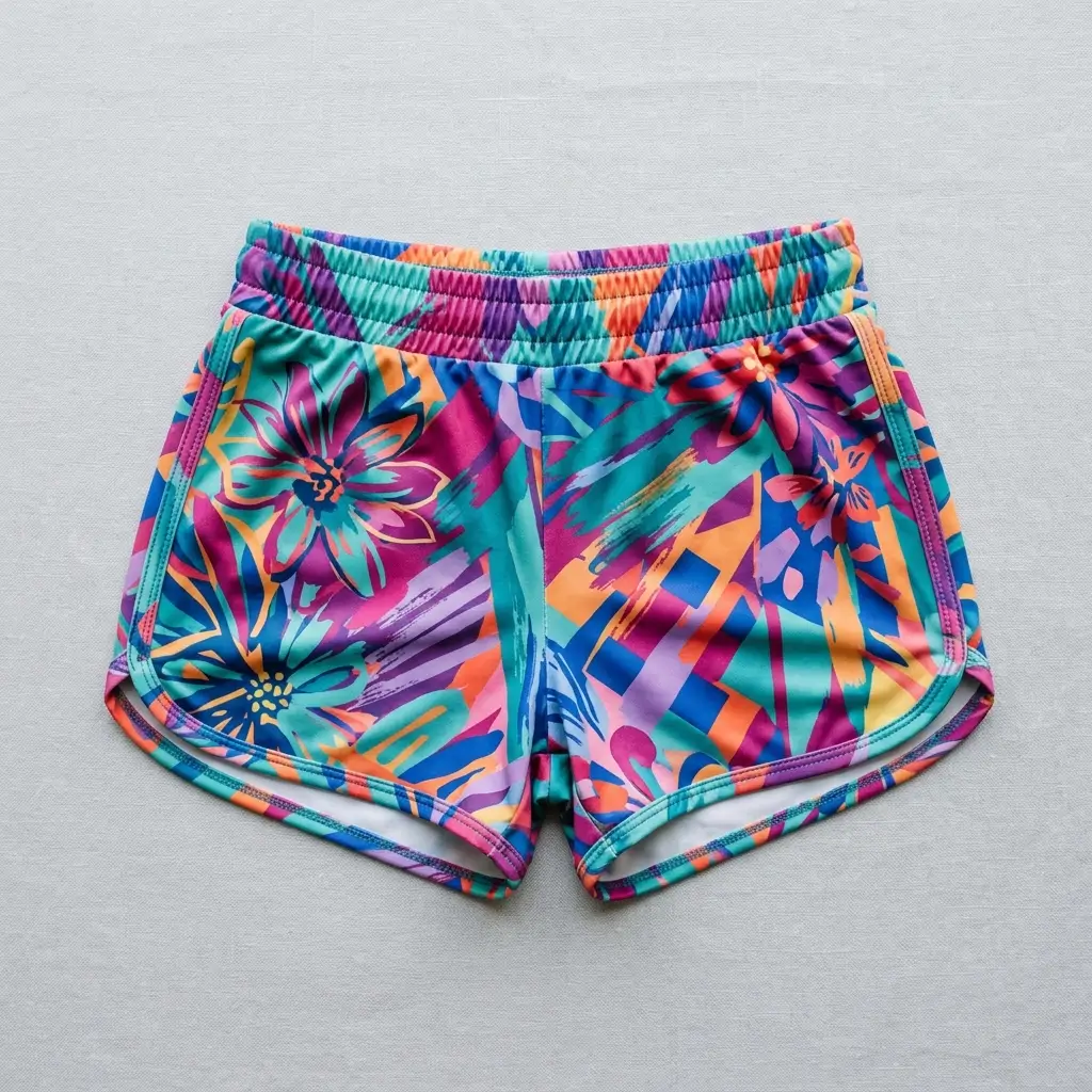 Front view of custom sublimated booty shorts with all-over abstract floral pattern printed.