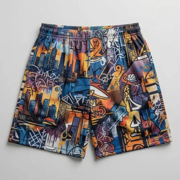 Custom sublimated concrete jungle graffiti basketball shorts back.