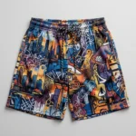 Custom sublimated concrete jungle graffiti basketball shorts front.