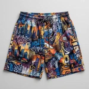 Custom sublimated concrete jungle graffiti basketball shorts front.