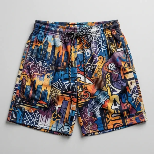 Custom sublimated concrete jungle graffiti basketball shorts front.