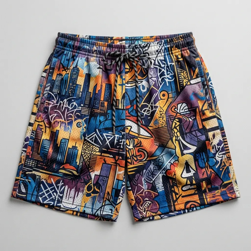 Custom sublimated concrete jungle graffiti basketball shorts front.