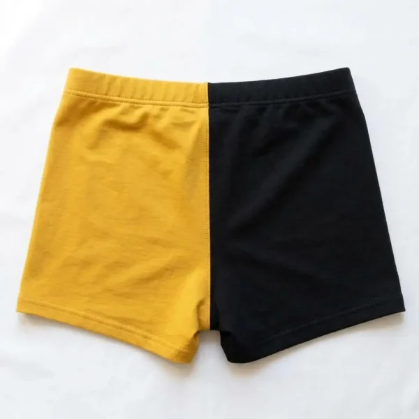 Black and yellow custom two tone booty shorts back.