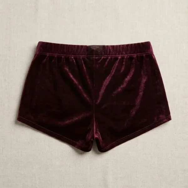 Back view of marron custom velvet booty shorts.